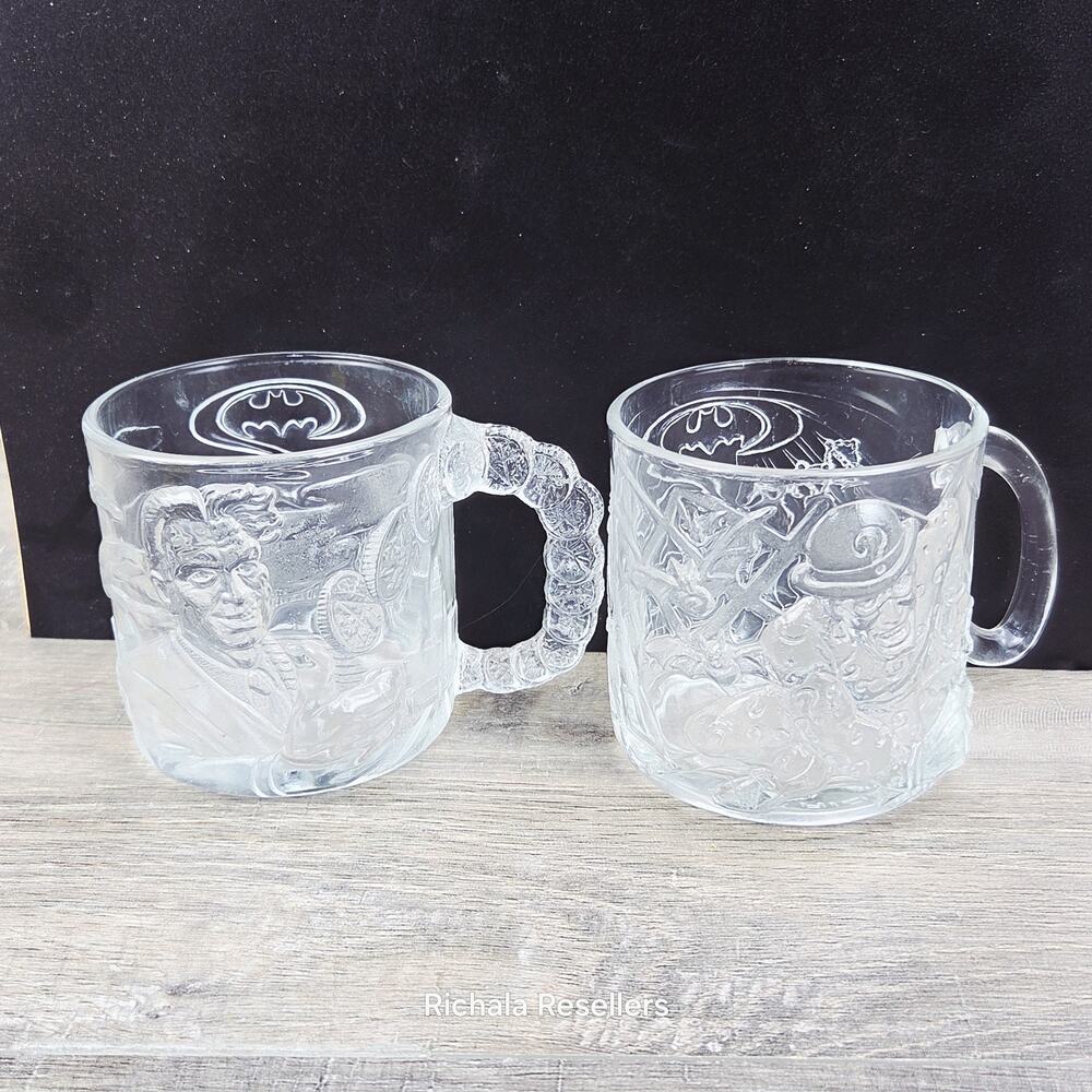 McDonalds Batman Forever 3.25" Glass Mugs Two Face And Riddler Lot Of 2 1995 Vtg